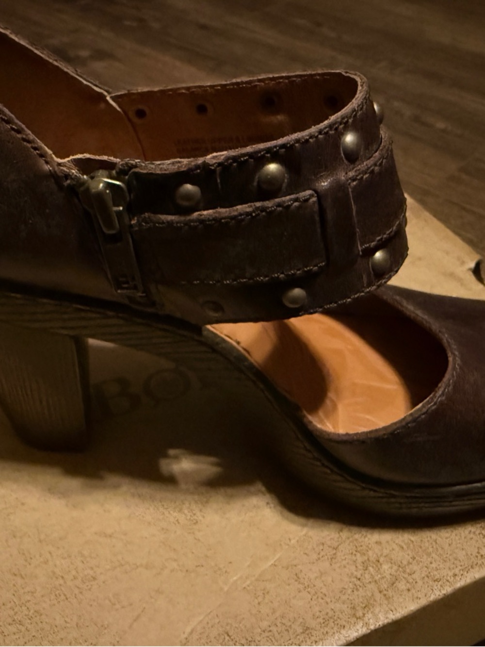 Born Dark Brown Leather Peep-Toe Wedge Sandals with Studded Ankle Strap - Picture 3 of 6